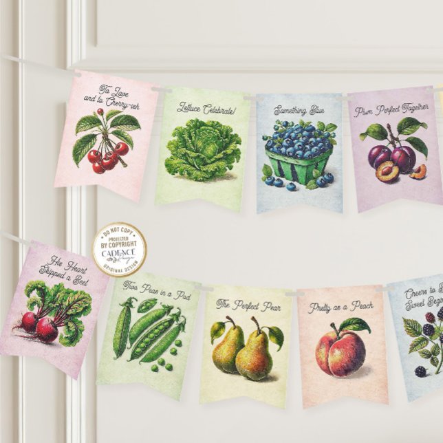 She's Fresh Off the Market Bridal Bunting Banner (She's Off the Market Bridal Shower Bunting with fruits and vegetables and clever love-themed puns)