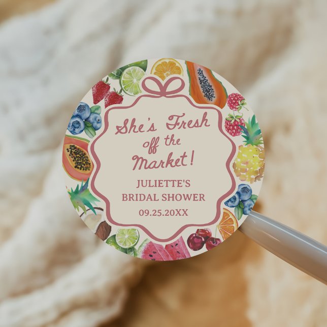 She's Fresh Off The Market Fruits Bridal Shower Classic Round Sticker (Creator Uploaded)