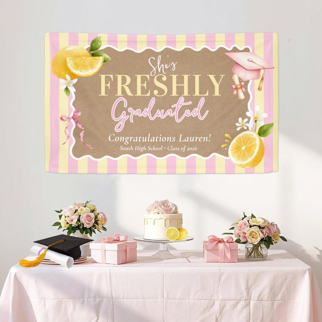 She's Freshly Graduated Lemons Striped Graduation Banner (She's Freshly Graduated pink & butter yellow striped watercolor lemons bows girl graduation banner)