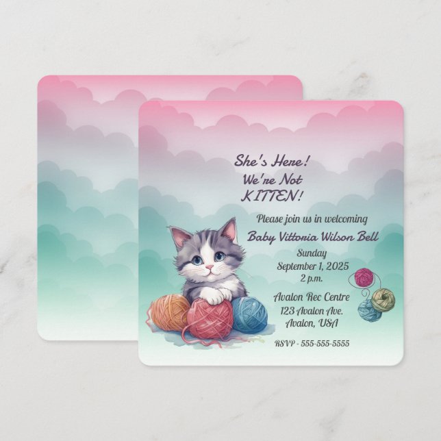 She's Here We're Not Kitten Clouds Yarn Invitation (Front/Back)