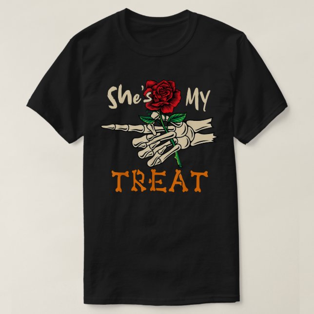 Shes My Treat Halloween Skeleton Hand Holding Flow T-Shirt (Design Front)