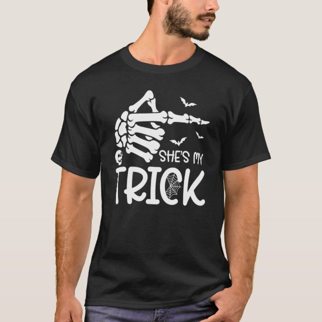 She's My Trick and He's My Treat Couples Skeleton  T-Shirt (Front)