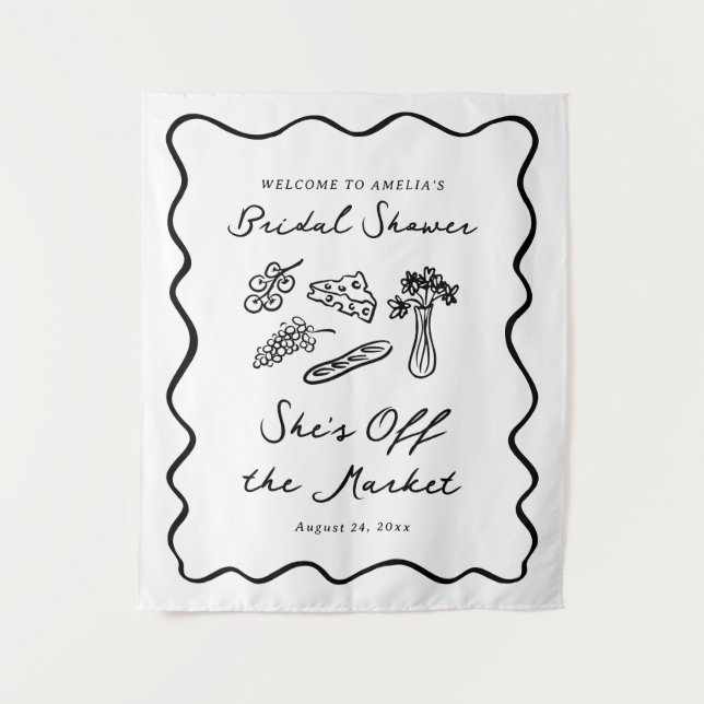She's Off the Market Bold & Whimsical Hand Drawn Tapestry (Front)
