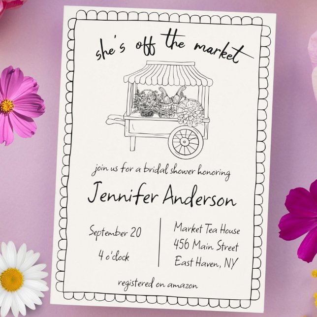"She's off the Market" Hand Drawn Bridal Shower Invitation (she's off the market farmers market theme bridal shower hand drawn quirky doodle handwritten wedding)