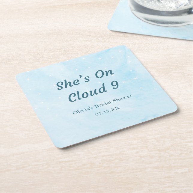 She's On Cloud 9 Dreamy Sky Blue Bridal Shower  Square Paper Coaster (Angled)