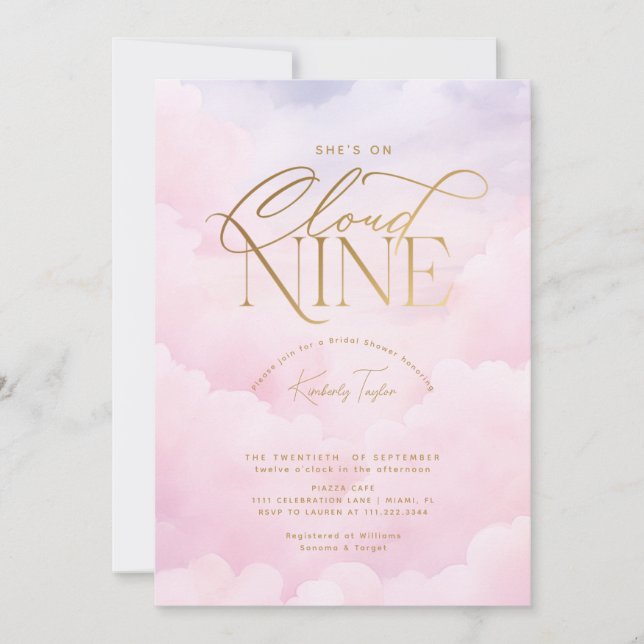 She's on Cloud 9 Nine Pink Elegant Bridal Shower Invitation (Front)