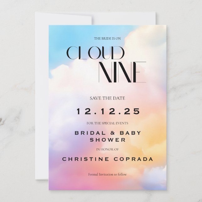 She's On Cloud Nine Pastel Bridal and Baby Shower Save The Date (Front)