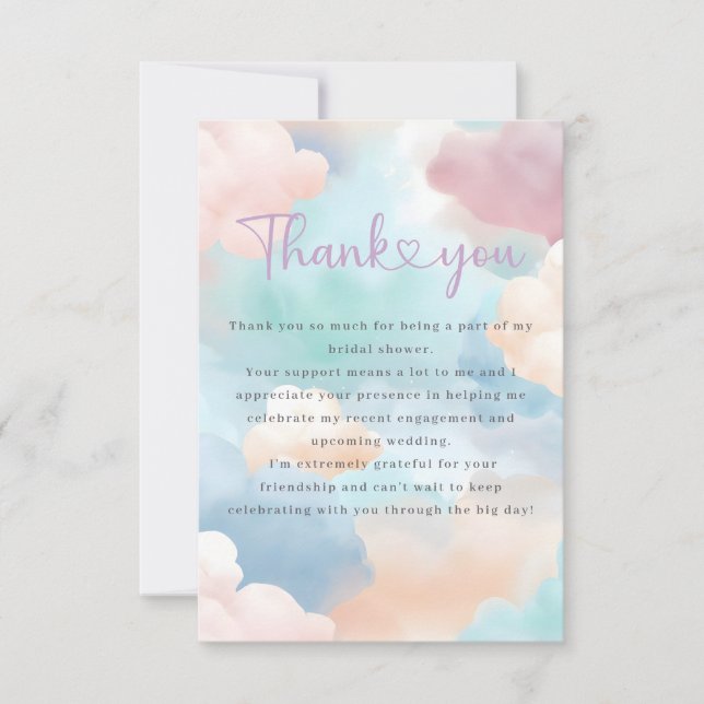 She's On Cloud Nine Pastel Colours Bridal Shower  Thank You Card (Front)