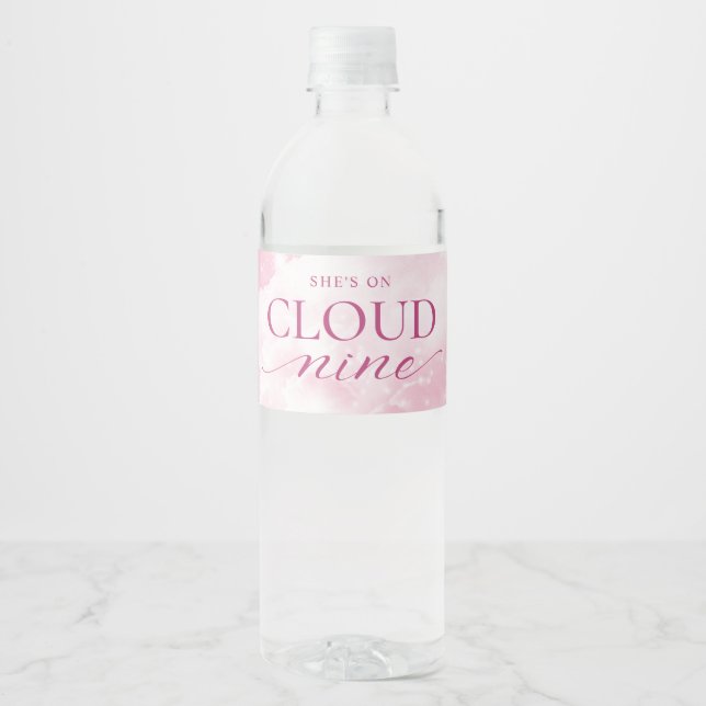 She's On Cloud Nine Pink Bridal Shower Water Bottle Label (Front)