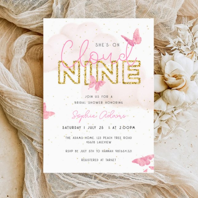 She's on Cloud Nine Pink Butterflies Bridal Shower Invitation (Creator Uploaded)