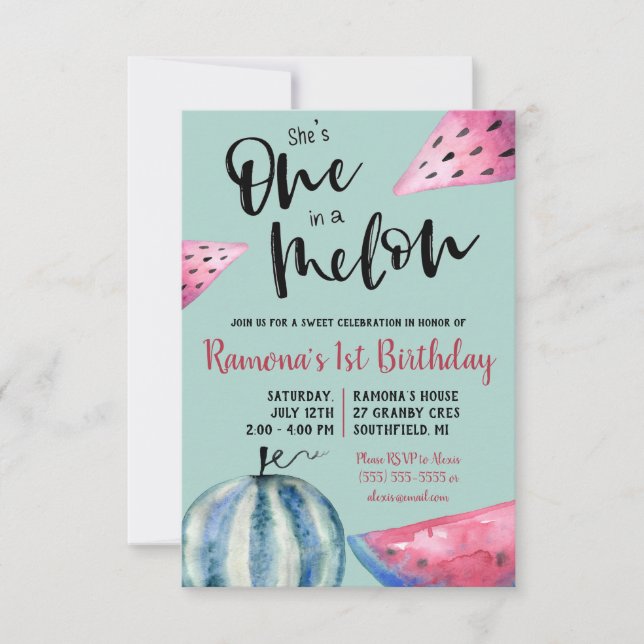 She's One in a Melon!  Watermelon themed Birthday Invitation (Front)
