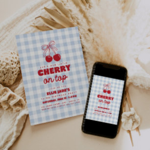 She's Our Cherry On Top Blue Gingham Birthday Invitation