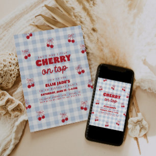 She's Our Cherry On Top Blue Gingham Birthday Invitation