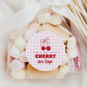 She's Our Cherry On Top Pink Gingham Birthday Classic Round Sticker