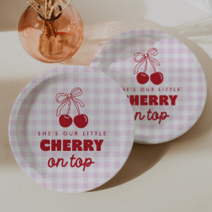 She's Our Cherry On Top Pink Gingham Birthday Paper Plate