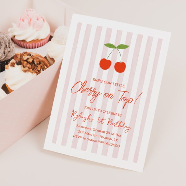 She's Our Little Cherry on Top Girls 1st Birthday Invitation (Creator Uploaded)