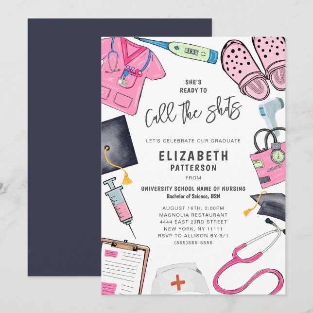 She's Ready Call Shots Nurse Graduation Party Invitation (Front/Back)
