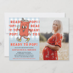 She's Ready to Pop Baby Shower Blue Gingham Photo Invitation