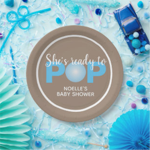She's Ready to Pop, Blue Bubblegum Baby Shower Paper Plate