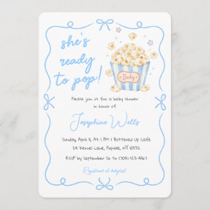 She's Ready to Pop Blue Popcorn Bow Baby Shower Invitation