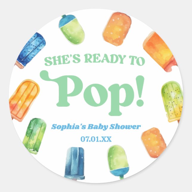 She's Ready To Pop Blue Popsicle Baby Shower Classic Round Sticker (Front)