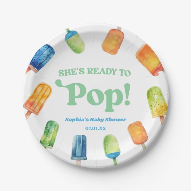 She's Ready To Pop Blue Popsicle Baby Shower Paper Plate (Front)