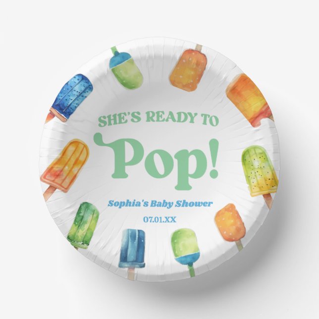 She's Ready To Pop Blue Popsicle Baby Shower Paper Plate (Front)