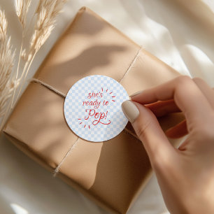 She's Ready to Pop Blue & Red Chequered Classic Round Sticker