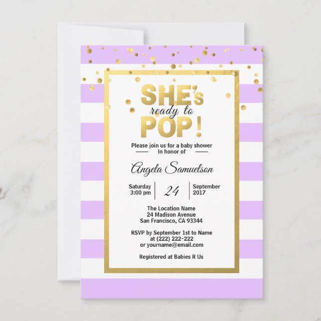 She's Ready to POP Gold Lavender Baby Shower Invitation (Front)