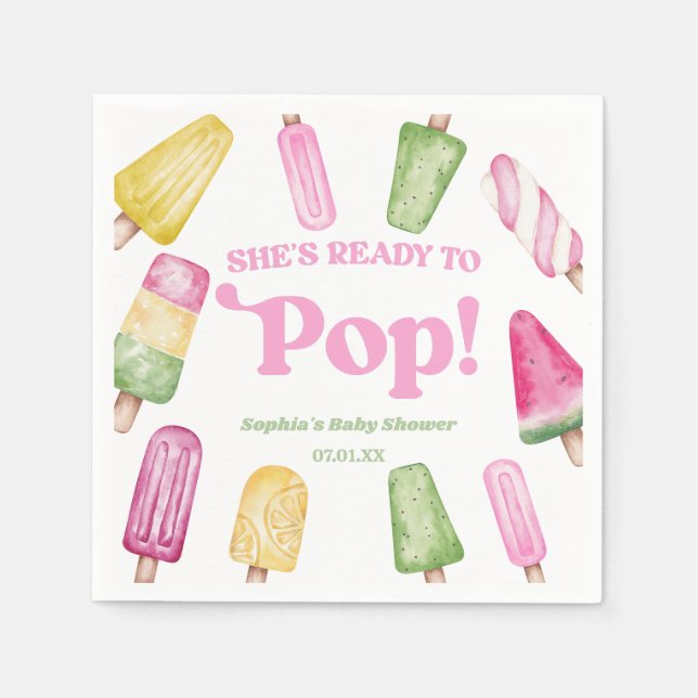She's Ready To Pop Pink Popsicle Baby Shower Napkin (Front)