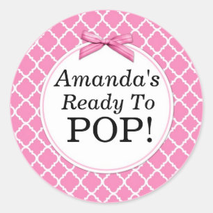She's Ready to Pop, Pink QuatraFoil Baby Shower Classic Round Sticker