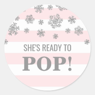 She's Ready to Pop Pink Stripes Silver Snowflakes Classic Round Sticker