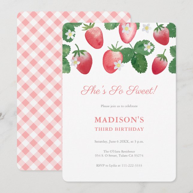 She's So Sweet Strawberry Picnic Birthday Party Invitation (Front/Back)