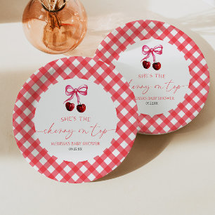 She's The Cherry On Top Bow Cherry Baby Shower Paper Plate