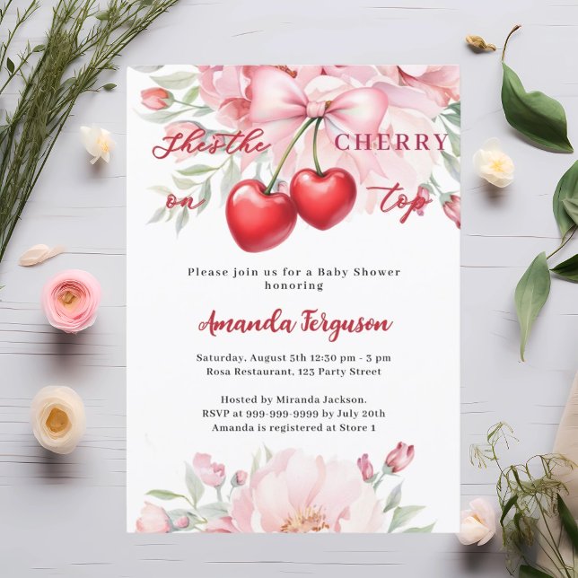 She's the cherry on top bow florals Baby Shower Invitation (Creator Uploaded)