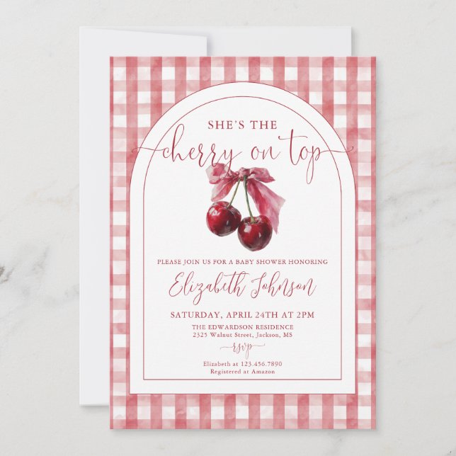 She's The Cherry On Top Bow Girl Baby Shower Invitation (Front)