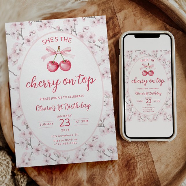 She's The Cherry On Top First Birthday Invitation (Creator Uploaded)