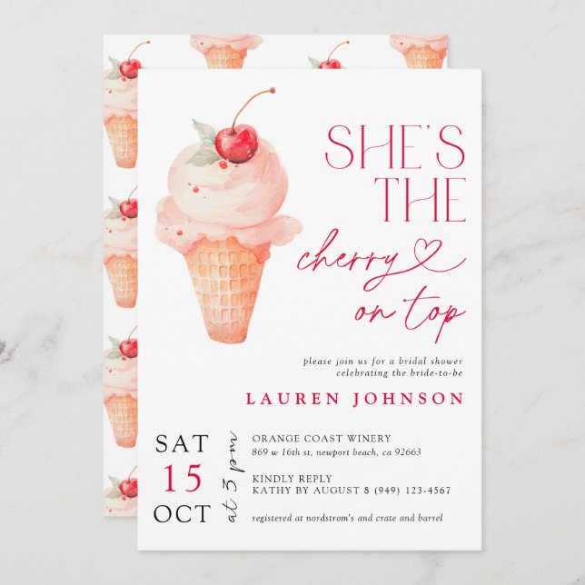 She's the Cherry on Top Ice Cream Bridal Invitation (Front/Back)