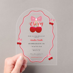 She's The Cherry On Top Pink Bow Bridal Shower Acrylic Invitations