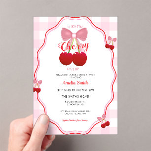 She's The Cherry On Top Pink Gingham Bridal Shower Acrylic Invitations
