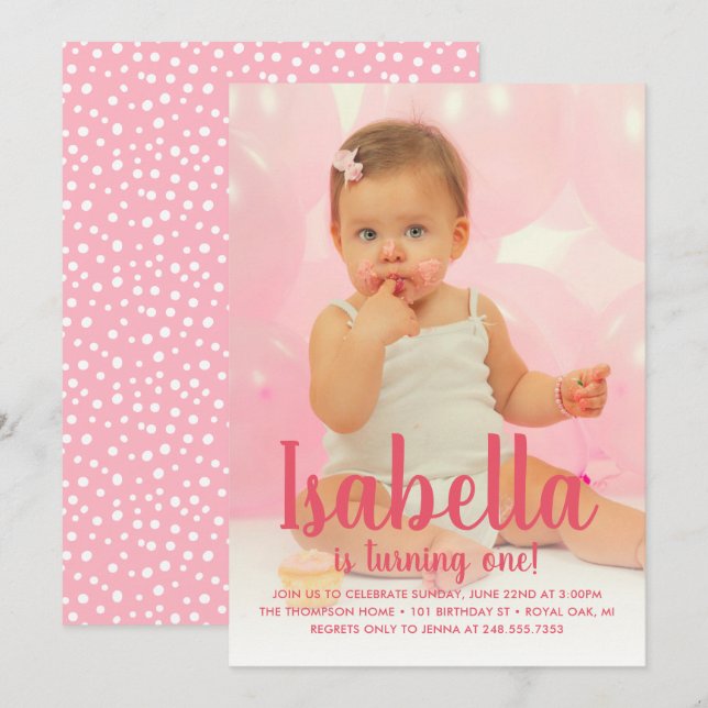 She's Turning One Pink Girl's First Birthday Photo Invitation (Front/Back)