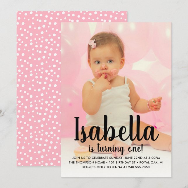 She's Turning One Pink Girl's First Birthday Photo Invitation (Front/Back)