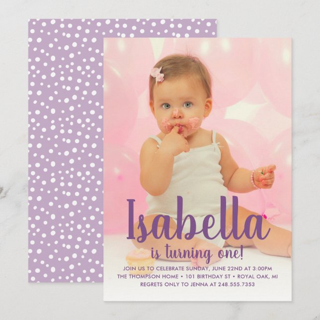 She's Turning One Purple Girl First Birthday Photo Invitation (Front/Back)