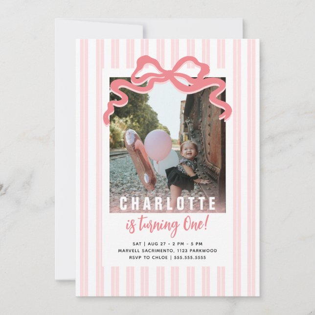 She's Turning One Stripes Pink Bow Photo Birthday  Invitation (Front)