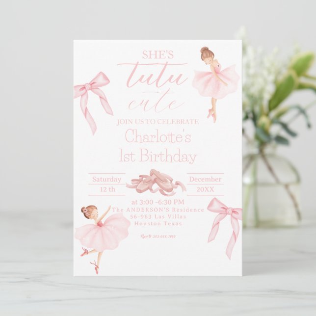 She's Tutu Cute Ballerina Girl 1st Birthday Invitation (Standing Front)