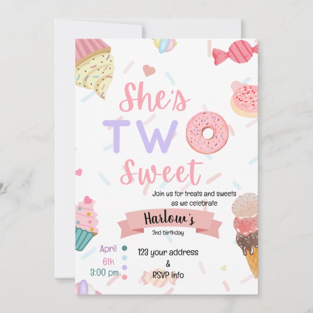 She's Two sweet Birthday invitation  (Front)