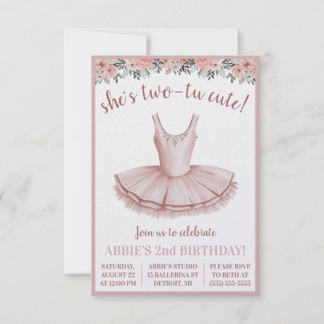 She's Two-Tu Cute!  Ballerina 2nd Birthday Themed Invitation (Front)