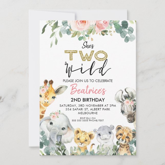 She's Two Wild Floral Safari 2nd Birthday Invitation (Front)