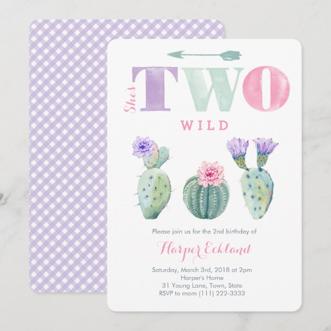 She's TWO wild Girl Second Birthday Cactus Party Invitation (Front/Back)