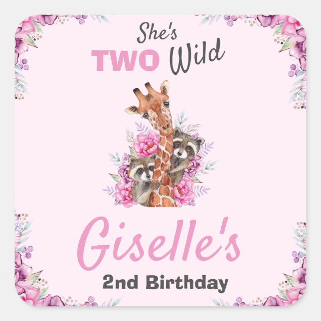 She's Two Wild Pink Jungle Safari Giraffe Party Square Sticker (Front)